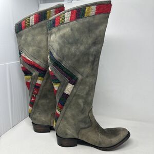 Freebird Aztek Cowboy Western Tall Leather & Fabric Boots size 10 Distressed Fab